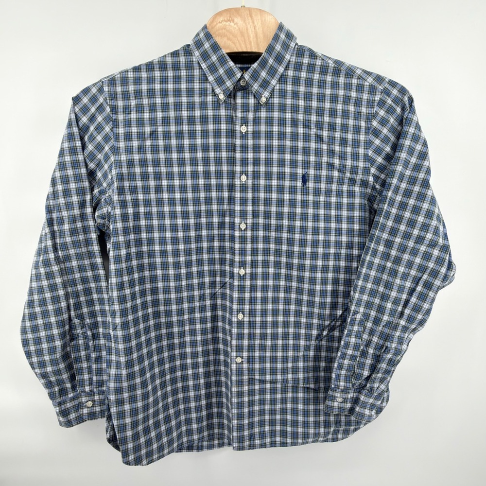 Ralph Lauren Button Front Shirt Mens 17.5 Blue Green White Plaid Cotton